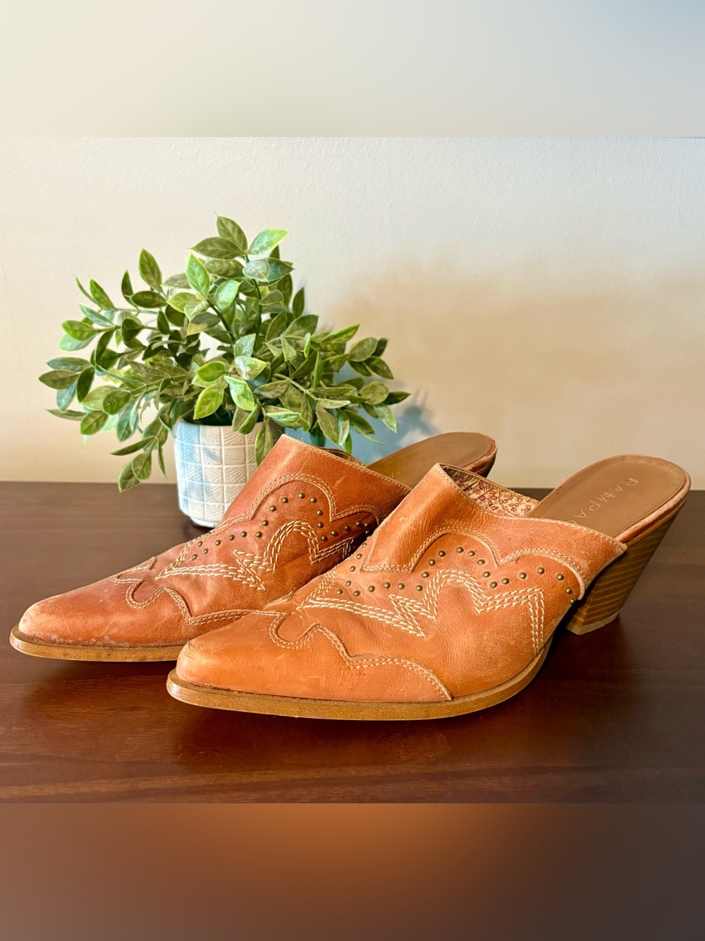 Rampage Tan Leather Western-Style Slip-On Mules